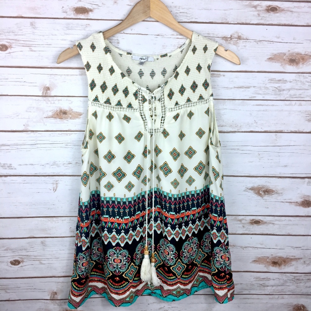 Papaya Multi Patterned Cream Lace Up Top
